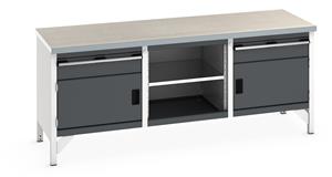 Bott Cubio Storage Workbench 2000mm wide x 750mm Deep x 840mm high supplied with a Linoleum worktop (particle board core with grey linoleum surface and plastic edgebanding), 2 x 150mm high drawers, 2 x 350mm high integral storage cupboards and 1... 2000mm Wide Engineering Storage Benches with Cupboards & Drawers